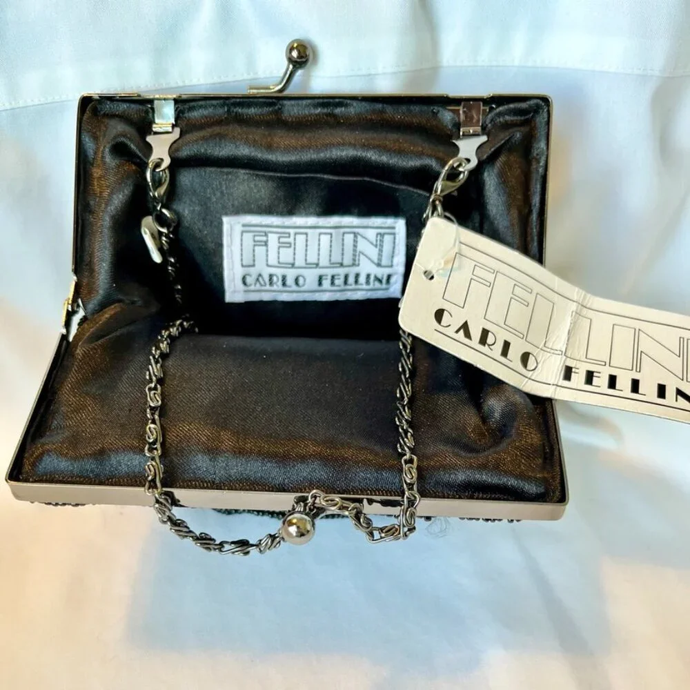Carlo Fellini Black Formal Evening Bag Detailed Beadwork Clutch w  Chain NWT - Picture 11 of 12